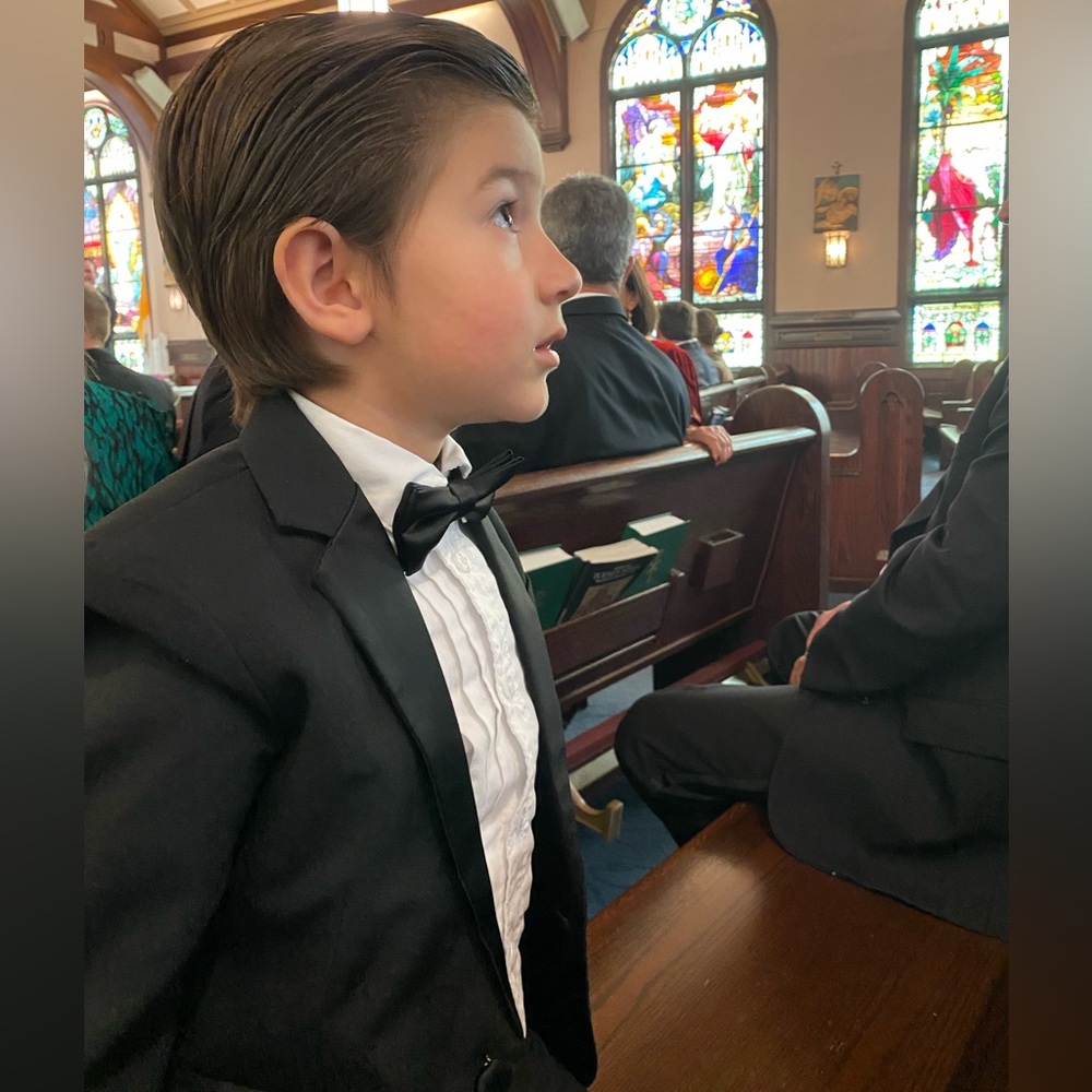 Nautica dress shirt, bow tie and tuxedo jacket.